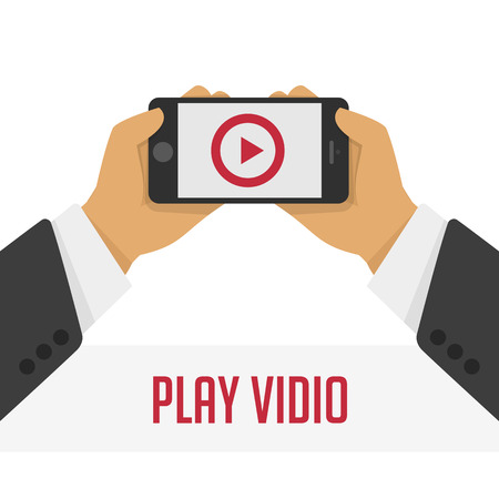 Vector illustration of a mobile phone with the play button in the hands of man.のイラスト素材