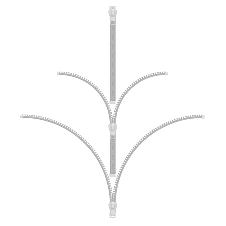 Vector illustration plastic and metallic close and half open grey zipper set in realistic style on white background isolated vector illustration. Set of modern zipper.のイラスト素材