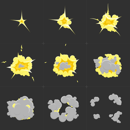 Vector illustration cartoon explosion effect with smoke. Effect boom, explode flash, bomb comic, vector illustration. Animation frames for game. Step by step animation of the explosion.のイラスト素材