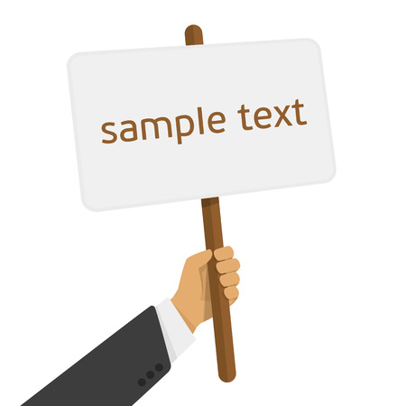 Vector illustration of a protest placard with space for text in the man hand. Modern illustration of a man holding a banner poster sign. The concept of an advertising banner in a flat style.のイラスト素材