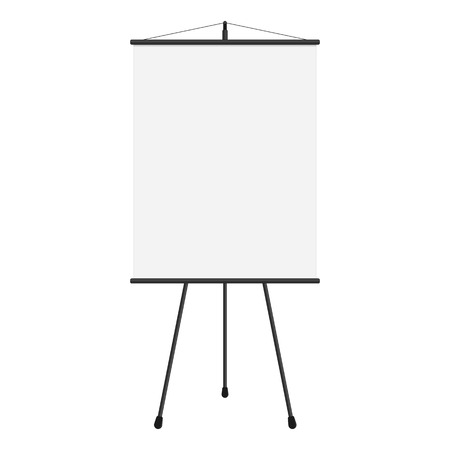 Vector illustration of blank projection screen. Template of presentation screen in flat style. Blank whiteboard, tripod projector for seminar.のイラスト素材