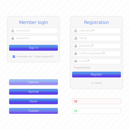 Registration form and login form with simple icons. UI elements. Login, Registration and additional elements form, flat design.のイラスト素材