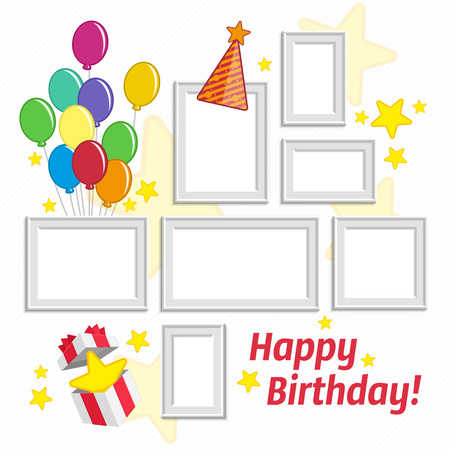 Vector illustration realistic design photo frames on white background. Decorative template for baby, family or memories. Scrapbook concept. Concept of birthday greetings.のイラスト素材