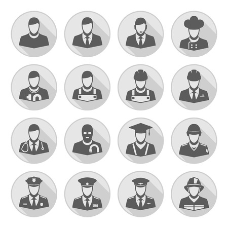 People occupations icons with long shadow. Professions people thin line vector avatars group. Professions icons avatars set on white background.のイラスト素材