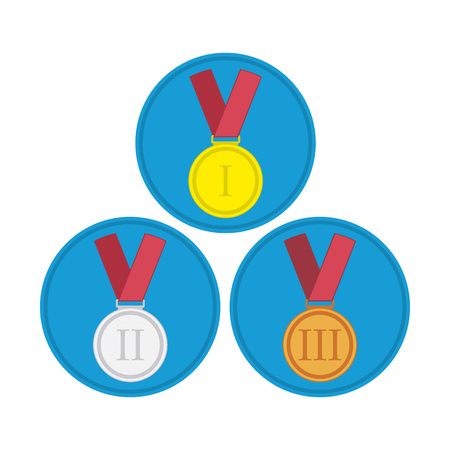 Gold medal. Silver medal. Bronze medal. Isolated medal on the white background in flat style. Medal icon set. Three vector medals gold, silver and bronze. Isolated medal on white background.のイラスト素材