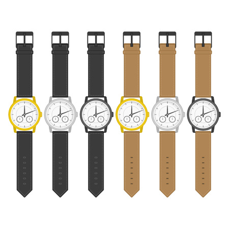 Set of multicolored wrist watches in classic design. Wristwatch icons. Isolated clocks in flat style. Vector collection realistic watch on a white background.のイラスト素材