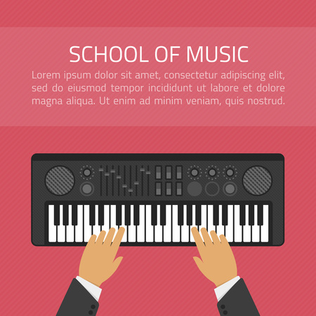 The concept infographic or an advertising banner for the music school, learning the game on the synthesizer. Piano Keyboard Synthesizer in flat style. Sound musical piano. Keyboard.のイラスト素材