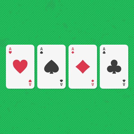Vector illustration of ace playing cards, four on green background. Set of vector ace playing cards icons.のイラスト素材
