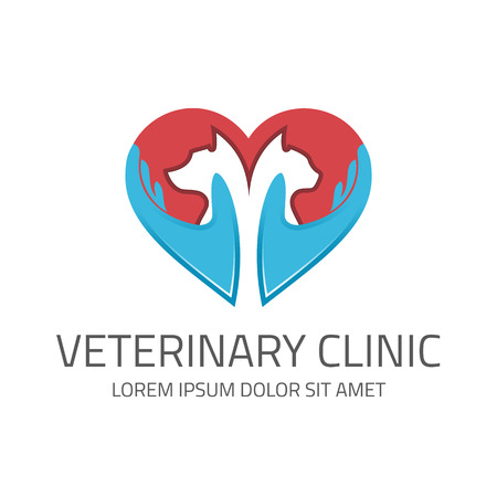 Logo for veterinary clinic or pet shop. Big red heart with silhouettes of animals. Vet hospital sign. Pet health insurance emblem.のイラスト素材