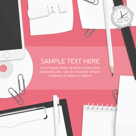 Business desktop with documents, smartphone office equipment and place for text. Infographic template. Workplace concept. Vector illustration flat design.のイラスト素材