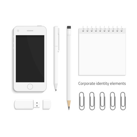 Vector templates of corporate identity. Branding design. Business stationery mock-up. Notebook, pencils, pen, USB flash drive, paper clip and realistic smart phone. Illustration eps10.のイラスト素材