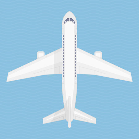Airplane in the air vector illustration. Aircraft view from above. Plane from top view. Concept of air travel, transportation of goods.のイラスト素材