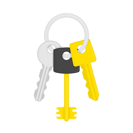 Keys on key ring isolated on white background. Illustration of bunch of golden and silver keys on keyring in flat style. Key icon cartoon design element. Security concept.のイラスト素材