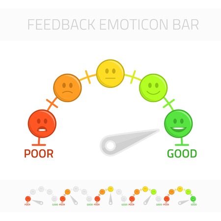 Feedback emoticon gauge. Rank or level of satisfaction rating. Review in form of emotions, smileys, emoji. User experience. Customer Feedback Manometer vector set.のイラスト素材