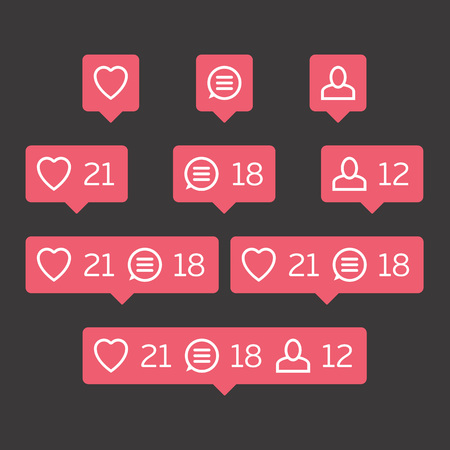 Social network icons pack on black background. Like, comment, follow. Notification Tooltip with heart, user, speech bubble, counterのイラスト素材