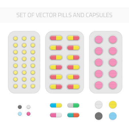 Set of vector pills and capsules. Medical vitamin pharmacy illustration in flat style. Icons of medicament. Tablets diffrent sizes and forms in blisters. Pharmacy and drug symbols.のイラスト素材