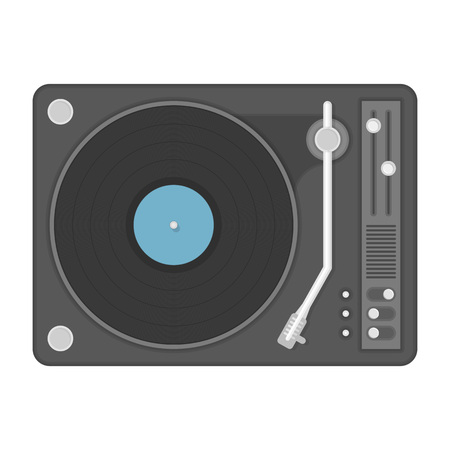 Vintage vinyl player with classic audio plastic disc. Old disco, gramophone isolated on white background. Vector illustration in modern flat style.のイラスト素材
