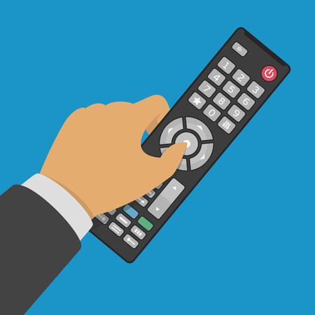 Tv remote control in hand. Vector illustration in flat style.のイラスト素材