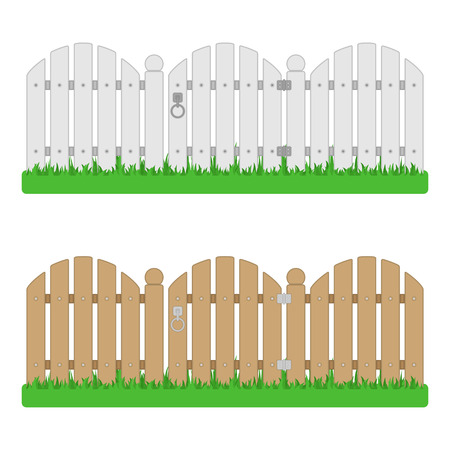 Wooden fence with gate on green grass. Garden fences isolated on white background. Vector illustration in flat style. EPS 10.のイラスト素材