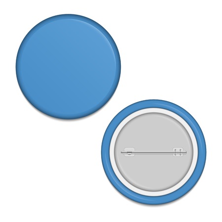 Blank blue badge in realistic style. Front and back side brooch. Badge mockup template. Graphic element with place for your text. Pin button set isolated on white background. Vector illustration.のイラスト素材