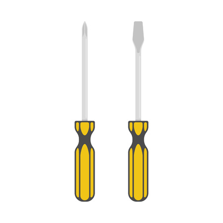 Two different types screwdriver in flat style. Set of yellow Screwdrivers with cross and flat heads isolated on white background. Construction, repair or hand tools concept. Manual wiring tool. EPS 10のイラスト素材