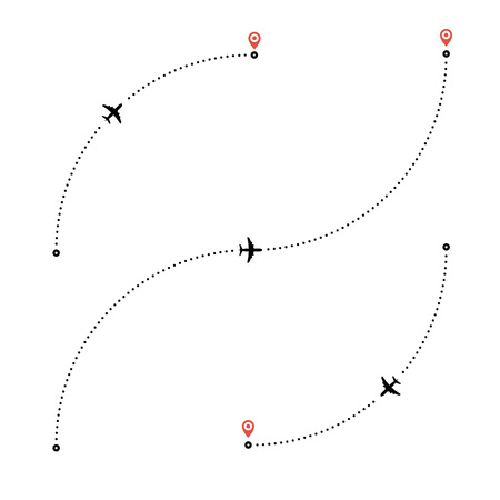 Travel by plane concept. Plane and its track on white background. Air travel vector illustration. Dotted lines are flight paths of passenger jet airplanes. Flat style. EPS 10.のイラスト素材