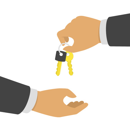 Hand giving keys another hand. Businessman holding key on ring. Buying or renting a new apartment, house or car. Real estate, vehicle sale or rent concept. Vector illustration in flat style. EPS 10.のイラスト素材