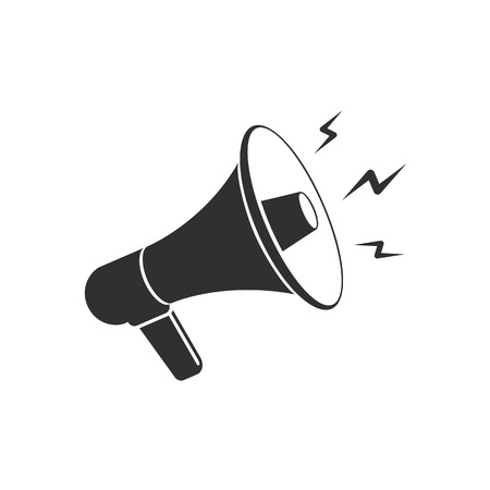 Megaphone flat web icon. Loudspeaker sign isolated on white background. Monochrome style. Design element for poster, emblem or flyer. Social media, promotion or marketing concept. Vector illustration.のイラスト素材