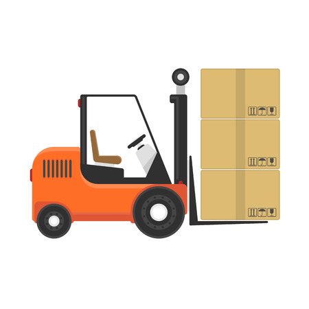 Forklift truck with cardboard boxes isolated on white background. Loader with cargo. Industry cargo equipment, fork lift and delivery, shipping concept. Vector illustration in flat style. EPS 10.のイラスト素材