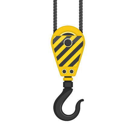 Industrial crane hook in flat style. Lifting Hook with rope isolated on white background. Carbine of the elevating crane. Build, Construction or industry concepts. Vector illustration EPS 10.のイラスト素材