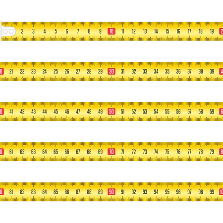 Yellow Measuring tape for tool roulette or ruler. Tape measure template in centimeters. Tapes meter set isolated on white background. Vector illustration in realistic style. EPS 10.のイラスト素材