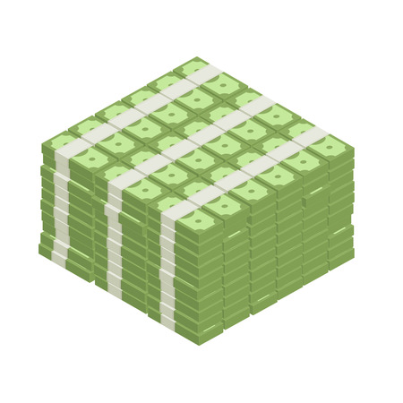Big stacked pile of cash. Hundreds of dollars in flat style isometric illustration. Big money concept. Stacked pile of hundred us dollar cash.のイラスト素材