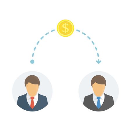 Sending Money between businessmen. People sending and receiving money. Cash transfer. Business, financial savings, earning or making money concept. Vector illustration in flat style. EPS 10.のイラスト素材