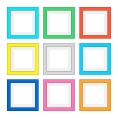 Set of colorful wooden frames. Colorful Wooden square picture frame set for your web design. Abstract colored frameworks isolated on white background. Vector illustration in realistic style. EPS 10.のイラスト素材