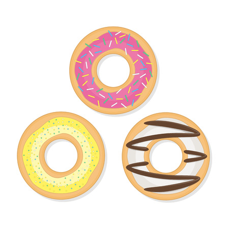 Donuts into the glaze set. Set of Donut in a modern flat style. Doughnut collection with sprinkles isolated on a white background. Vector illustration EPS 10.のイラスト素材
