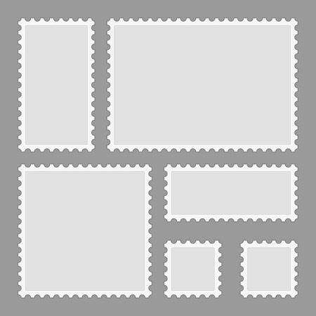 Blank postage stamps set isolated on gray background. Mark mail letter stamps design. Postal frame sticker template. Toothed border mailing postal sticker in different size. Vector illustrationのイラスト素材