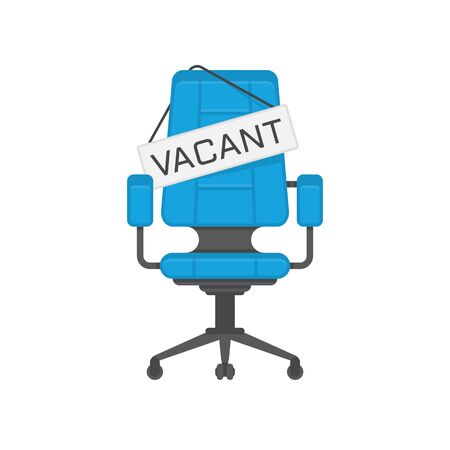 Empty office chair with vacant sign. Business hiring and recruiting concept. Employment, vacancy and hiring job illustration. Vacant seat for employee, worker. Vector EPS 10.のイラスト素材