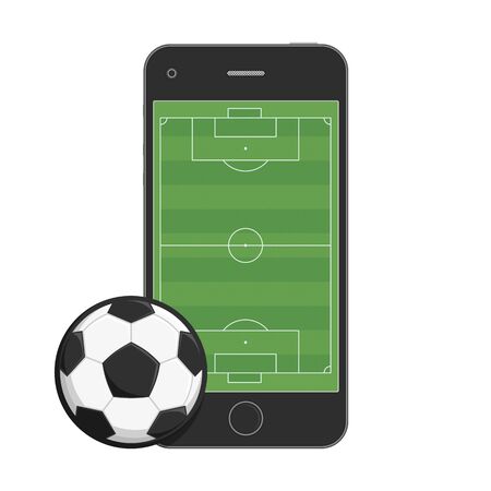 Smartphone with app soccer football field and ball. Mobile football, Soccer Online Concept. Online ticket sales, sport betting conception. Vector illustration in realistic style. EPS 10.のイラスト素材