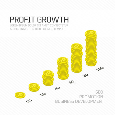 Cash flow graph. Market growth concept. Vector illustration of big stacked pile of gold coins. Hundreds of dollars. Modern design isolated on white background. Modern currency concept profit growth.のイラスト素材