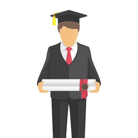 College student, university graduate in graduation cap and celebration gown. A graduate with a diploma. Vector illustration in flat style.のイラスト素材