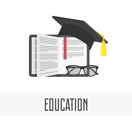 Graduation cap and open book. The concept education. Online study design. Symbol of learning, knowledge, intelligence, flat cartoon.のイラスト素材