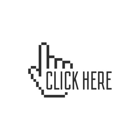 Click here the button. Hand sign with touching a buttons or pointing finger. Hands cursor icon. Vector illustration in flat style.のイラスト素材
