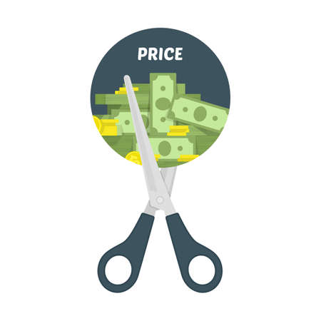 Scissors cutting money bills, vector illustration in flat style. Price, cost reduction or cut price icon concept.のイラスト素材
