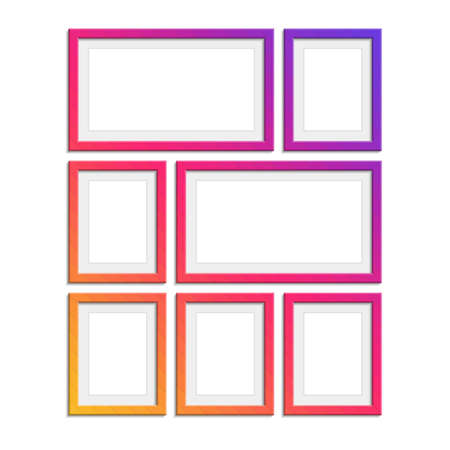 Set of colorful wooden frames. Wooden square picture frames of colorful set for your web design. Abstract colorful picture frames on vintage background. Vector set of color photo frames on the wall.のイラスト素材