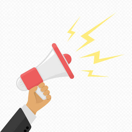 Human hand holding megaphone vector illustration in modern flat style. Social media, promotion or marketing concept.のイラスト素材