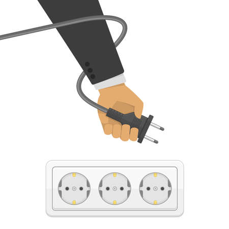 Electric power plug in hand, illustration in flat style. Man holding electric power plug. Unplug, plugged in wall socket. Electricity concept.のイラスト素材