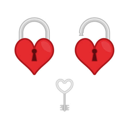 Lock heart and key flat icon. Open and closed red shiny heart locks shape with golden Key. Love, amour concept. Vector illustration in modern flat style.のイラスト素材