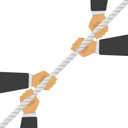 Two Businessmen pull the rope as a symbol of rivalry, competition, conflict. Tug war, two mans pulling a Rope in opposite directions. Vector illustration in flat style.のイラスト素材