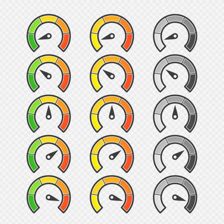 Speedometer with arrow icon. Collection of colorful Infographic gauge element. Speedometers or rating meter signs for apps. Tachometer, flowmeter with multicolored indicator.のイラスト素材