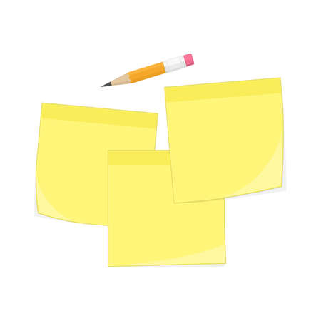 Set of yellow memo reminder papers and pencil. Paper sticky notes, ready for your message. Sticky note collection isolated on transparent background. Realistic style. Vector illustrationのイラスト素材